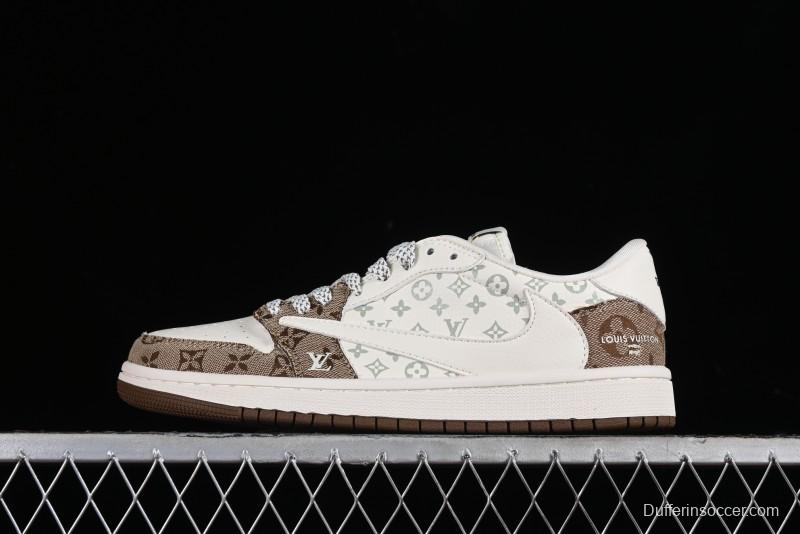 Nike Travis Scott x Fragment Design x Jordan Air Jordan 1 Low OG SP AJ1 LV Light Brown Print Casual Sneakers - SJ2068-102