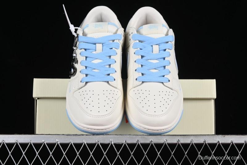 Stussy x Nike Dunk Low SB Skate Shoes in White with Light Blue Swoosh - DQ1098-380