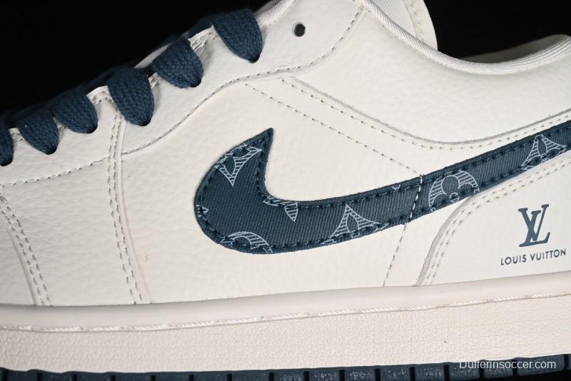 Nike Air Jordan 1 Low LV Collaboration - White with Blue Swoosh Custom Casual Sneakers - WG8850-005