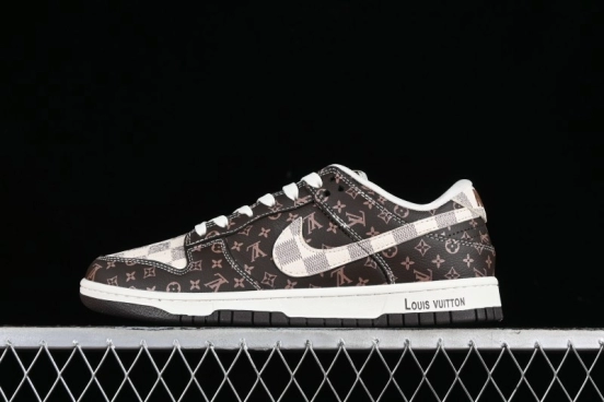 Nike SB Dunk Low LV Collaboration - Checkerboard Brown Monogram White Swoosh Anniversary High-End Custom Low-Top Casual Skate Shoes - SJ2068-255