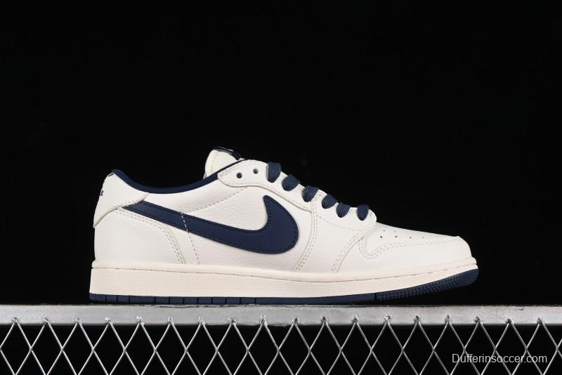 Nike Travis Scott x Fragment Design x Air Jordan 1 Low OG SP AJ1 Supreme Collaboration - White Navy Blue Low Top Casual Sneakers - XZ116