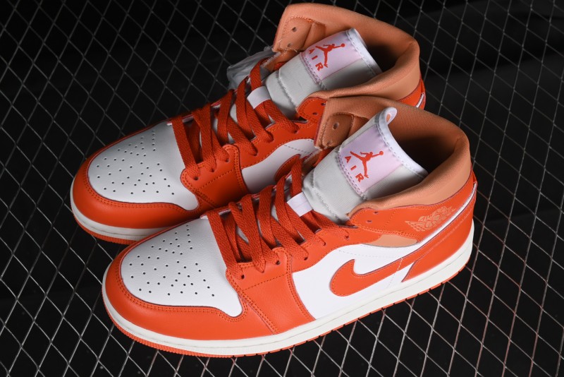 Nike Air Jordan 1 Mid Basketball Shoes in White and Orange Colorway - BQ6472-108