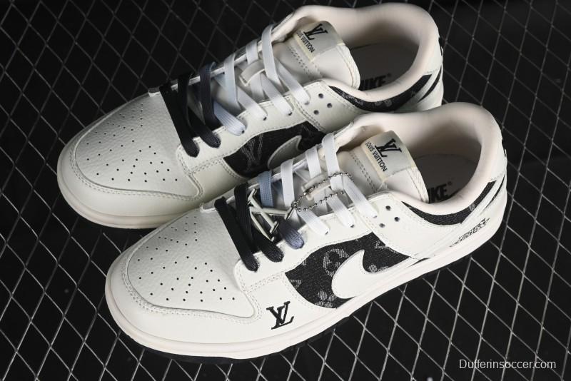 Nike SB Dunk Low LV Collaboration - Beige Black Printed Denim Anniversary High-End Custom Low-Top Casual Skate Shoes - XB3802-357