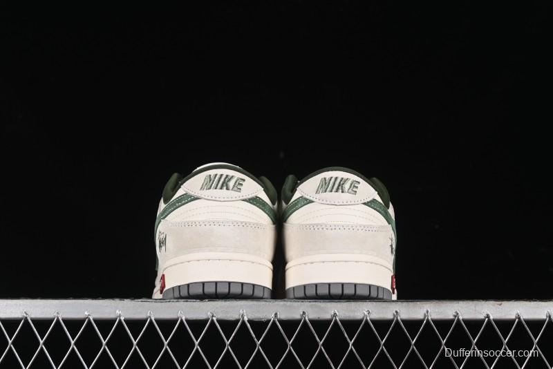 Nike SB Dunk Low Supreme x Stussy Triple Collaboration - Off White Green Swoosh Anniversary Custom Low-Top Casual Sneakers - SJ2068-303