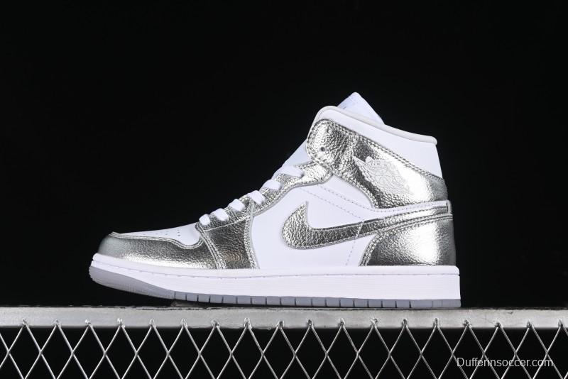 Nike Air Jordan 1 Mid Basketball Shoes Silver White - FN5031-100