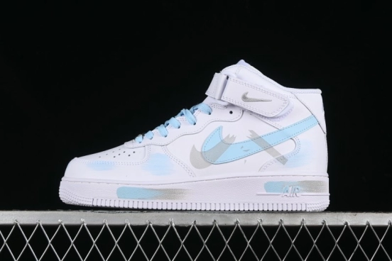 Nike Air Force 1 '07 Mid Light Blue Hand-Painted Cracked Three Stripes Shadow Mid-Top Casual Sneakers - CW2289-111