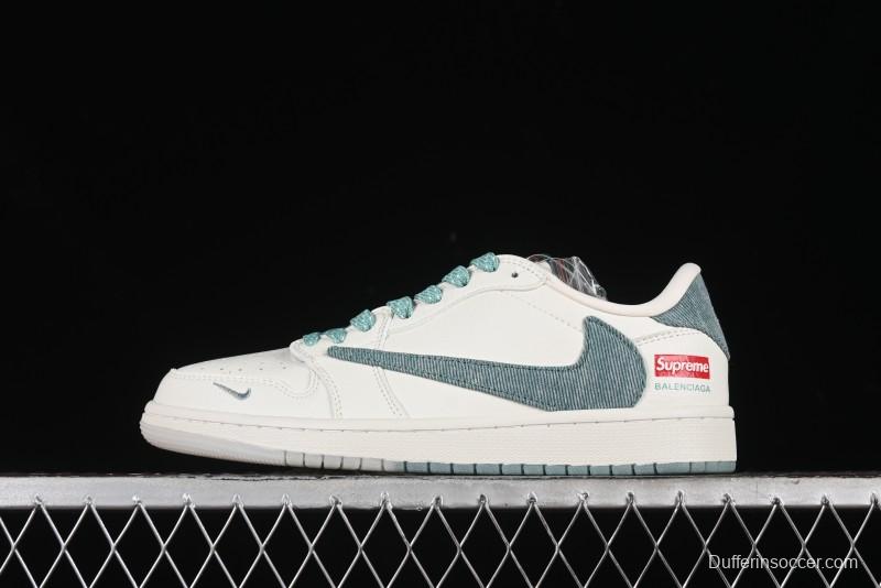 Nike Travis Scott x Fragment Design x Air Jordan 1 Low OG SP AJ1 Supreme Collaboration - Green Canvas Swoosh Low-Top Casual Sneakers - JH6088-706