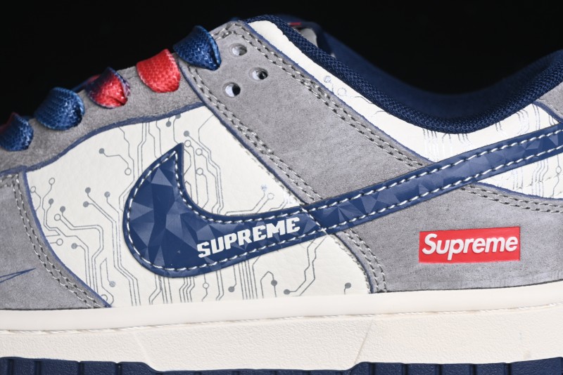 Nike SB Dunk Low Supreme Collaboration - Grey White Dark Blue Swoosh Anniversary High-End Custom Low-Top Casual Skate Shoes - DM6868-005
