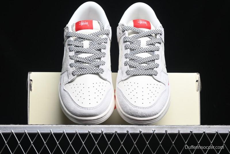 Nike SB Dunk Low Stussy Collaboration - Patchwork Grey White Swoosh Anniversary Custom Low-Top Casual Sneakers - YX5066-218