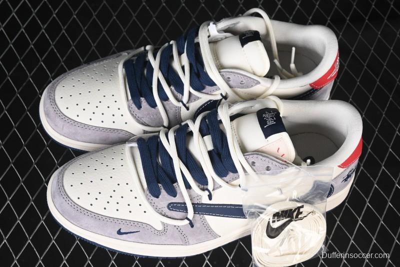 Nike Travis Scott x Fragment Design x Air Jordan 1 Low OG SP AJ1 Stussy Collaboration - Grey Blue Hook Lace Low Top Casual Sneakers - SJ0086-140