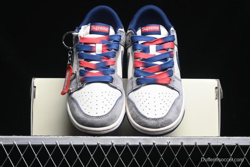 Nike SB Dunk Low Supreme Collaboration - Grey White Dark Blue Swoosh Anniversary High-End Custom Low-Top Casual Skate Shoes - DM6868-005