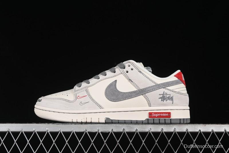 Nike SB Dunk Low Stussy Collaboration - Embroidered Grey Swoosh Anniversary Custom Low-Top Casual Sneakers - MM1089-033