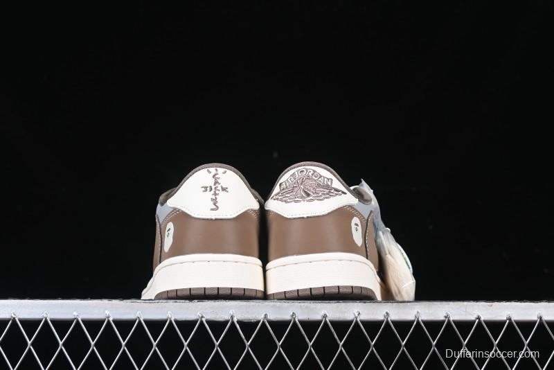 Nike Travis Scott x Fragment Design x Air Jordan 1 Low OG SP AJ1 Bape Collaboration Tea Brown Low-Top Casual Sneakers - BB6511-627