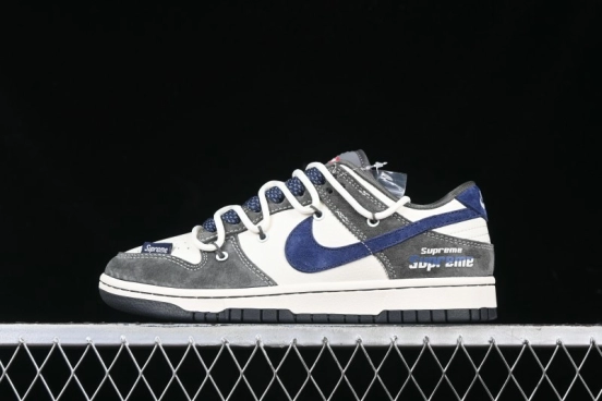 Nike SB Dunk Low Supreme Collaboration - Grey White Blue Swoosh Lace-Up Anniversary Customized Low-Top Casual Skate Shoes - XS1186-100
