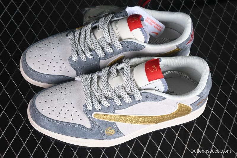 Nike Travis Scott x Fragment Design x Air Jordan 1 Low OG SP AJ1 Snake Year Limited Gold Snake Low-top Casual Sneakers - XZ2025-288