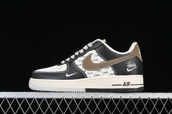 Nike Air Force 1 '07 Low Stussy Collaboration Black Leather & Gum Sole Low-Top Casual Sneakers - CH6336-519