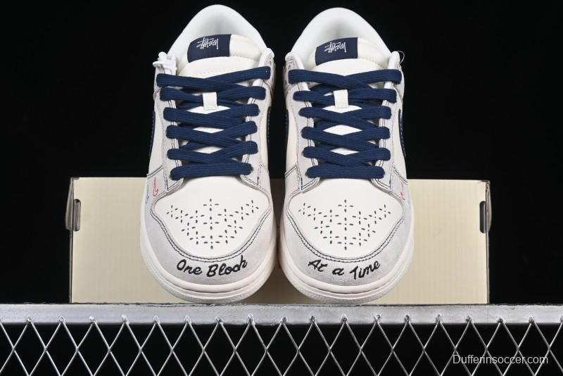 Nike SB Dunk Low Stussy Collaboration Embroidered Navy Swoosh Anniversary Custom Low-Top Casual Sneakers - MM1089-032