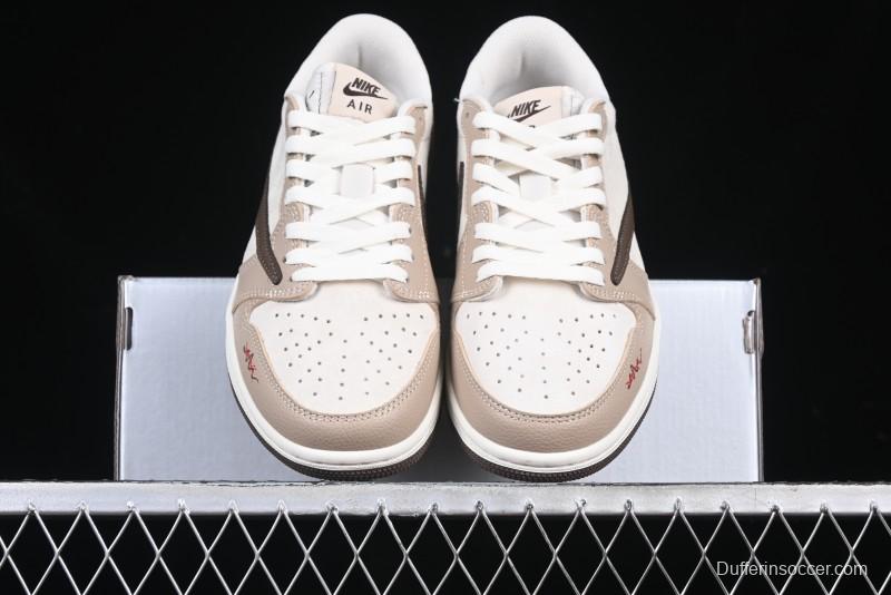 Nike Travis Scott x Fragment Design x Air Jordan 1 Low OG SP AJ1 Snake Year Limited Brown Snake Print Low Top Casual Sneakers - DM7866-074