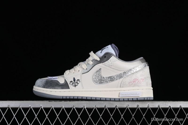 Nike Air Jordan 1 Low AJ1 Panda Prank Modern Gray Floral Low-Top Casual Sneakers - 553560-053