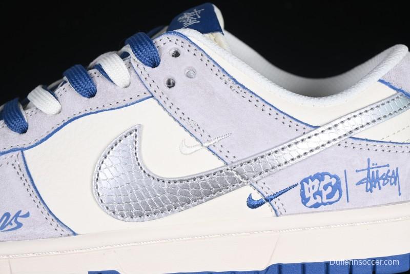 Nike SB Dunk Low Stussy Year of the Snake Collaboration Light Blue Silver Swoosh Anniversary Custom Low-Top Casual Sneakers - DM6868-010