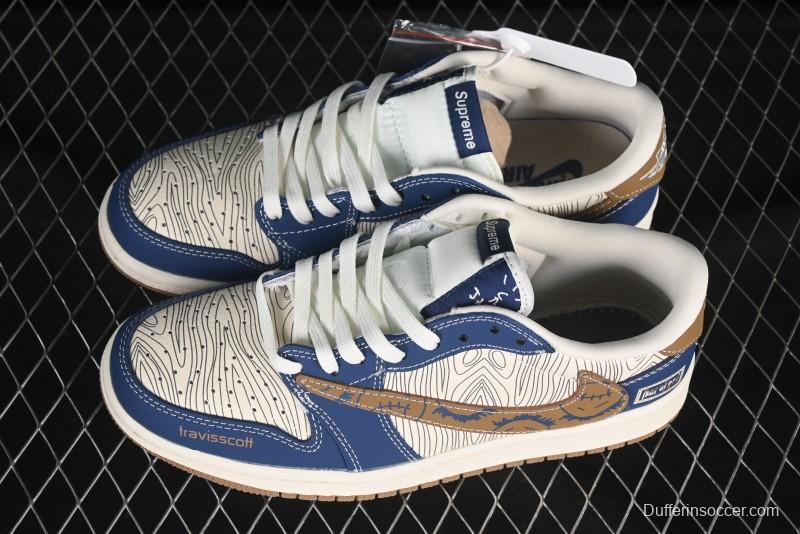 Nike Travis Scott x Fragment Design x Air Jordan 1 Low OG SP AJ1 FOG Collaboration Wave Ghost Face Low-Top Casual Sneakers - XS2024-007
