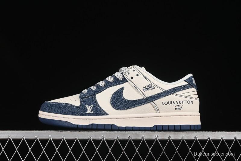Nike SB Dunk Low LV Series Denim Blue Swoosh Anniversary High-End Custom Low-Top Casual Skate Shoes - FC1688-221