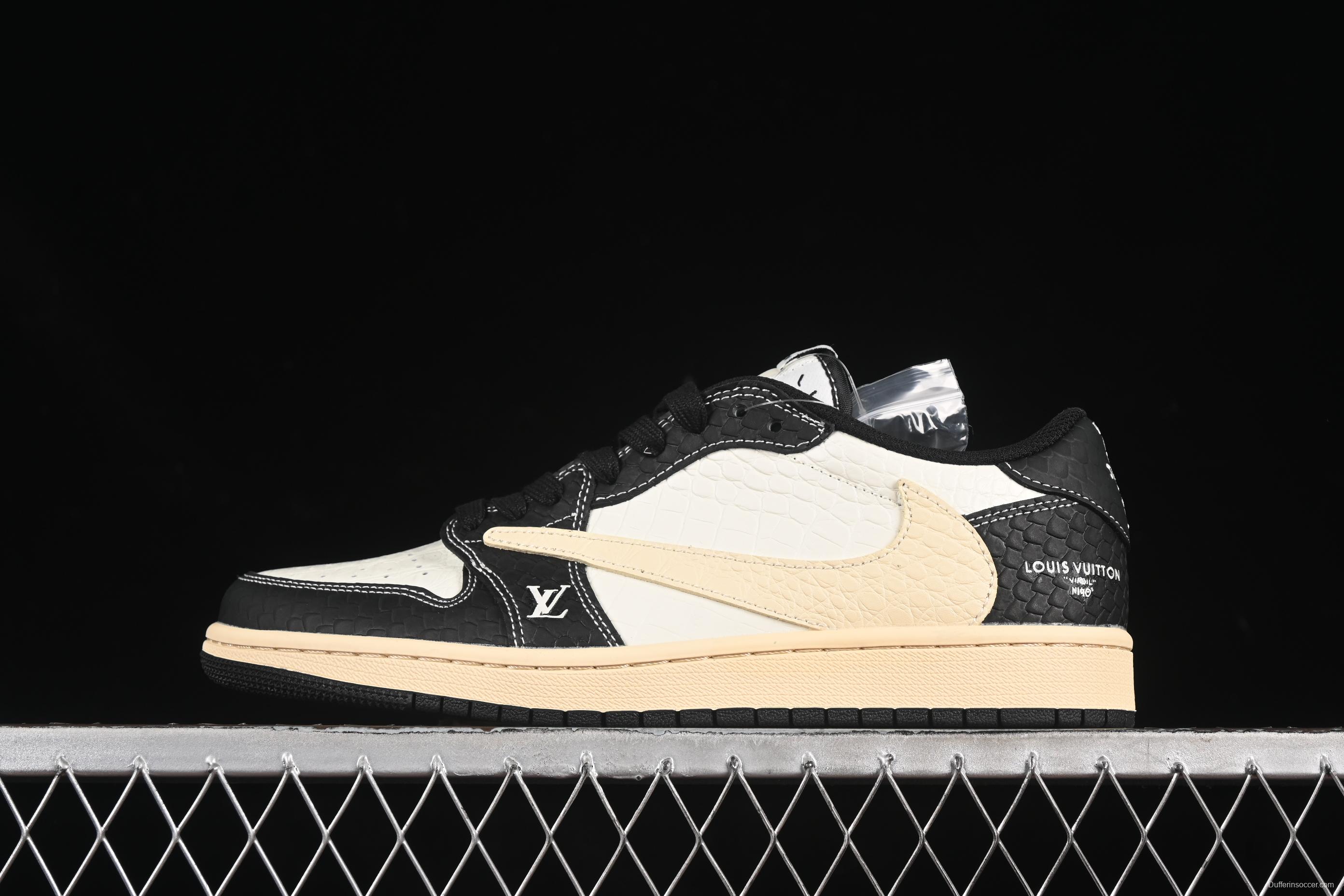 Nike Travis Scott x Fragment Design x Air Jordan 1 Low OG SP AJ1 LV Collaboration Black Beige Crocodile Texture Low-top Casual Sneakers - XX3168-152