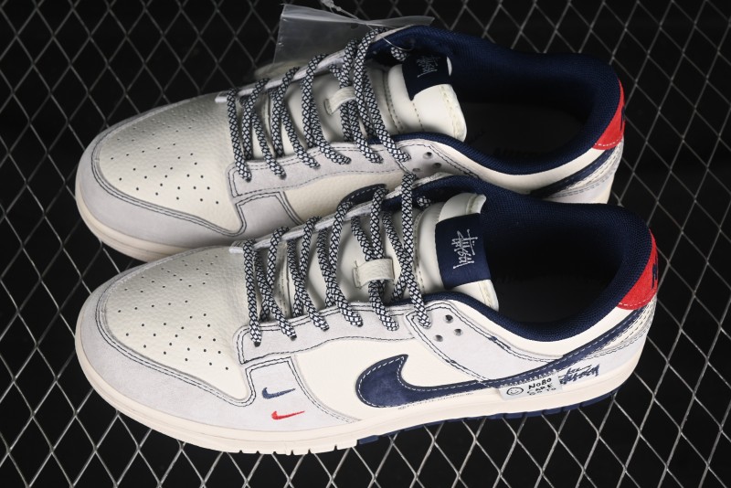 Nike SB Dunk Low Stussy Anniversary Edition Patchwork Navy Swoosh Customized Low-Top Casual Skate Shoes - YX5066-297