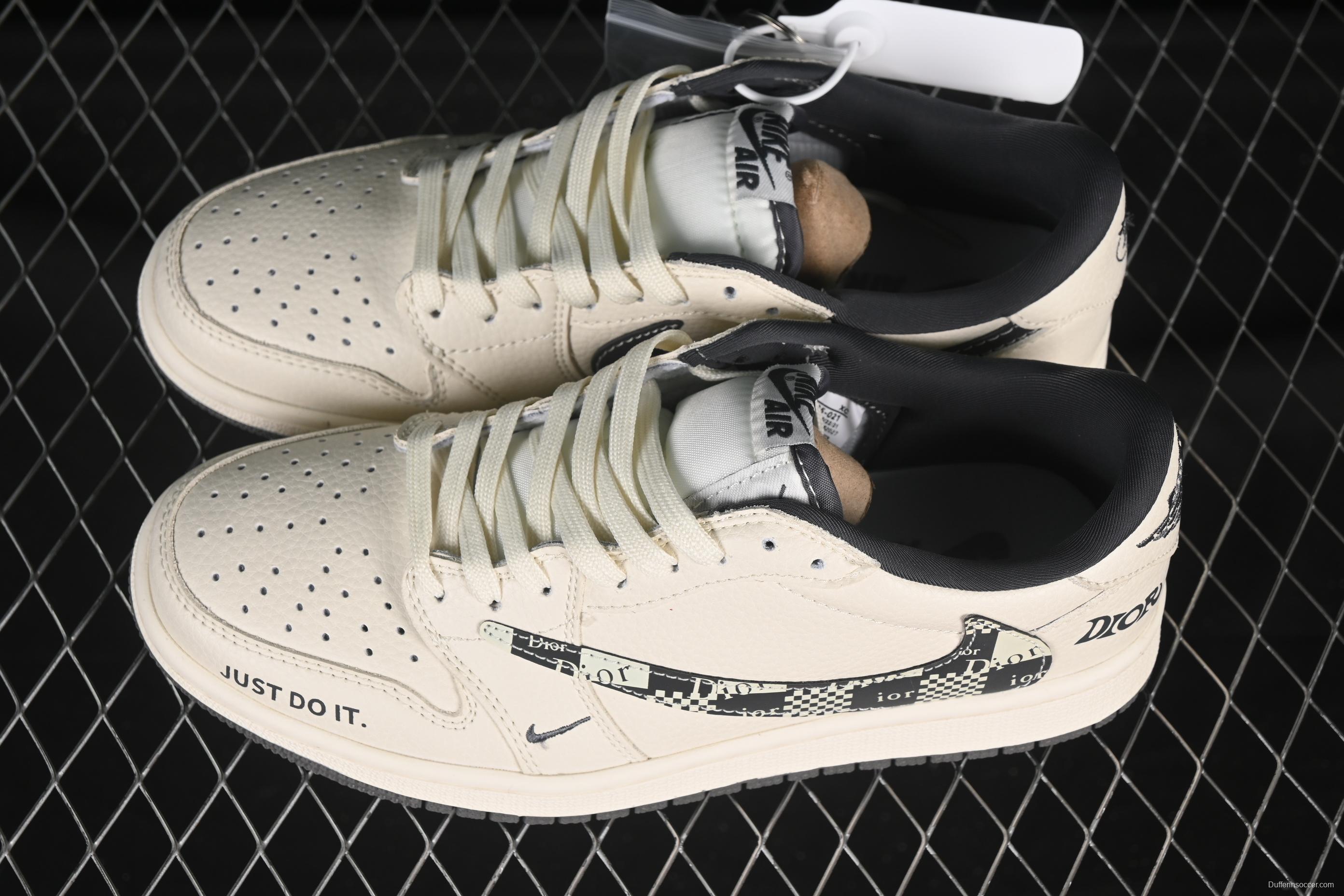 Nike Travis Scott x Fragment Design x Air Jordan 1 Low OG SP AJ1 Dior Collaboration Black Check Swoosh Low-Top Casual Sneakers - LD2025-021