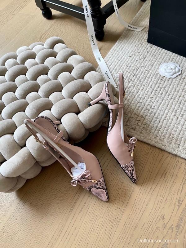 2025 Women Chanel Pink Python Leather Bow High Heels KFY00320