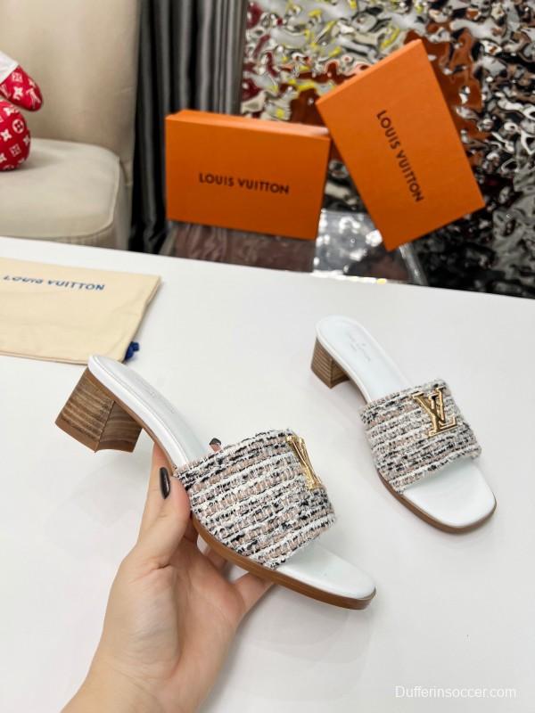 2025 Women Louis Vuitton White Brown Tweed Leather Sandals LY00220