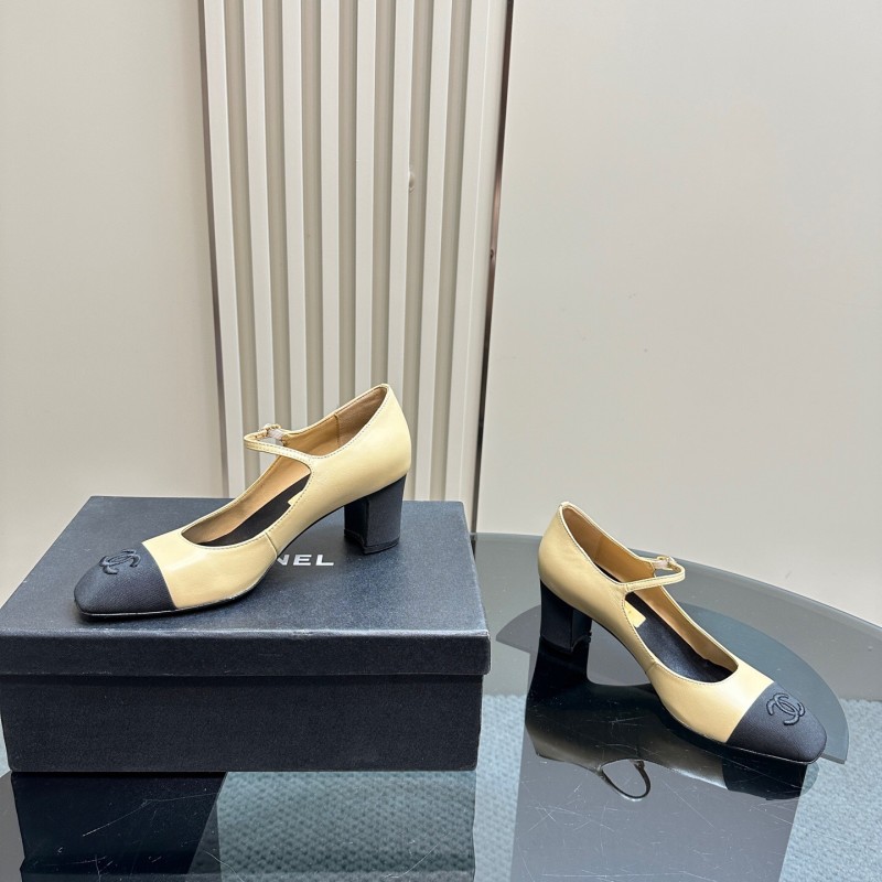 2025 Women Chanel Beige Black Leather Mary Jane Shoes KFY00290