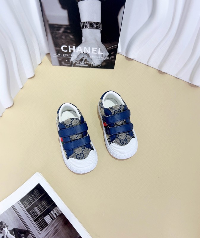 2024 Kids Gucci Brown Navy Canvas Leather Kids Shoes