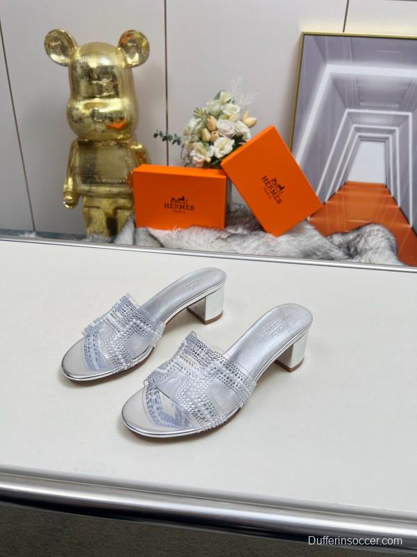 2025 Slippers Hermès Silver Leather Slippers MJ00180/215