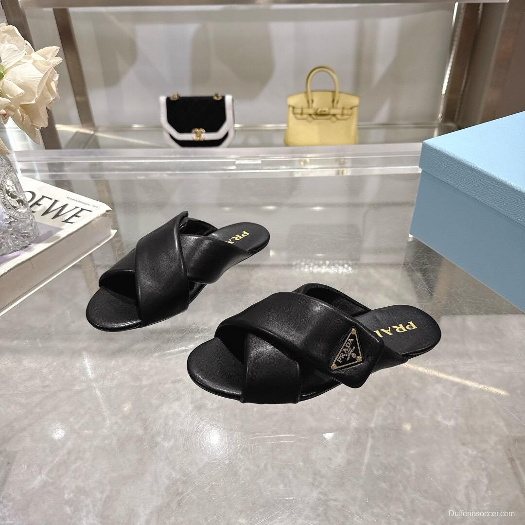 2025 Women Prada Black Leather Slippers