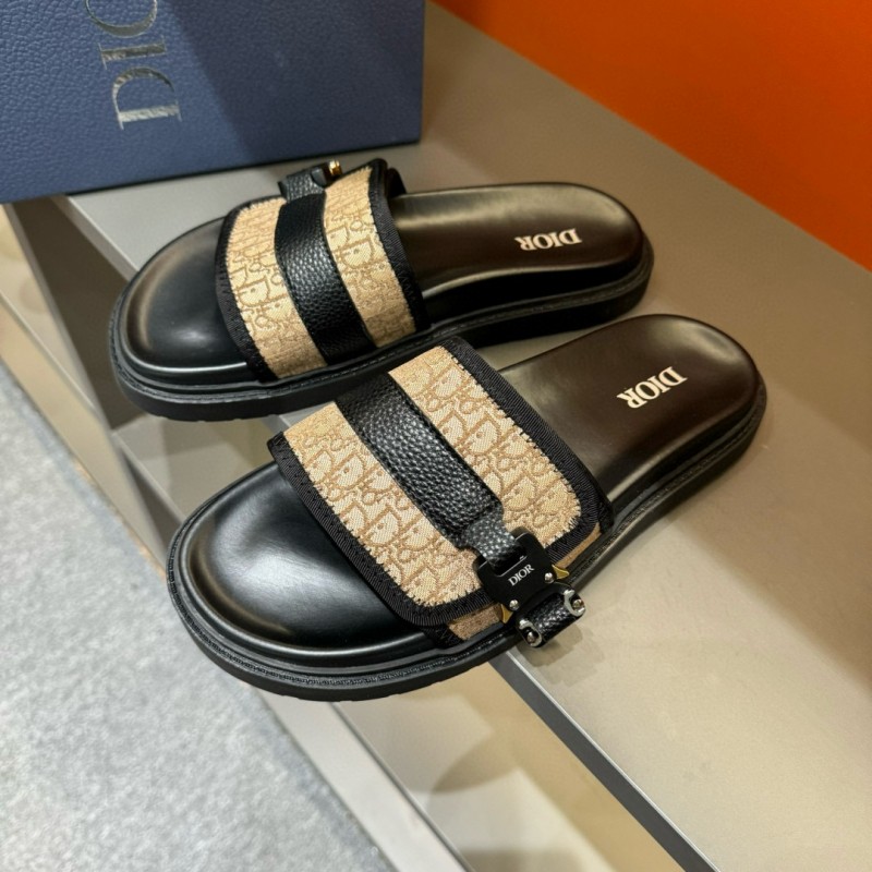 2024 Slippers Dior Beige Black Leather Canvas Slippers