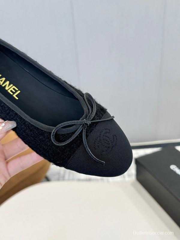 2025 Women Chanel Black Lambskin Tweed Ballet Flats LY00250