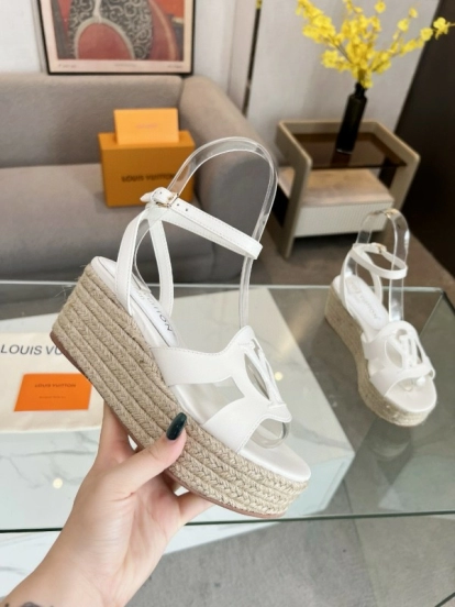 2025 Women Louis Vuitton White Leather Espadrille Wedge Sandals MJ00280