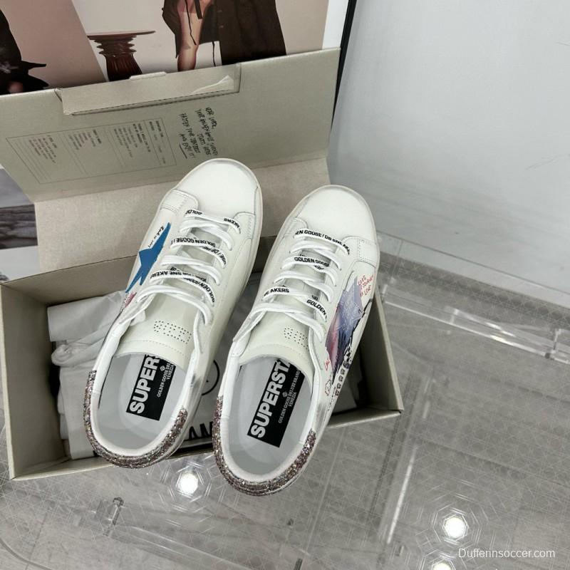 2025 Women GGDB White Blue Leather Sneakers