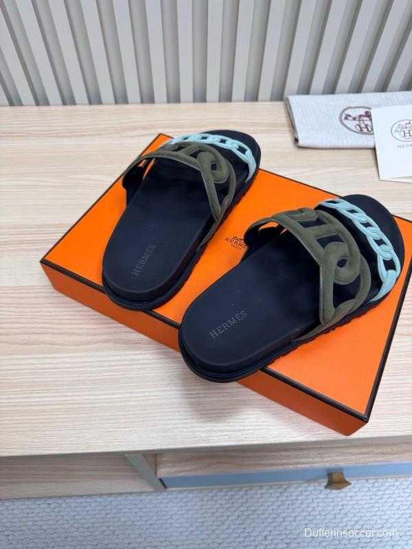 2025 Women Hermès Black Light Blue Leather Slippers
