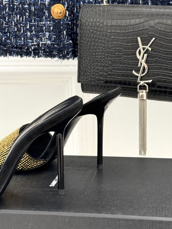 2025 Women Yves Saint Laurent Black Gold Leather High Heel Slip-On LY00300