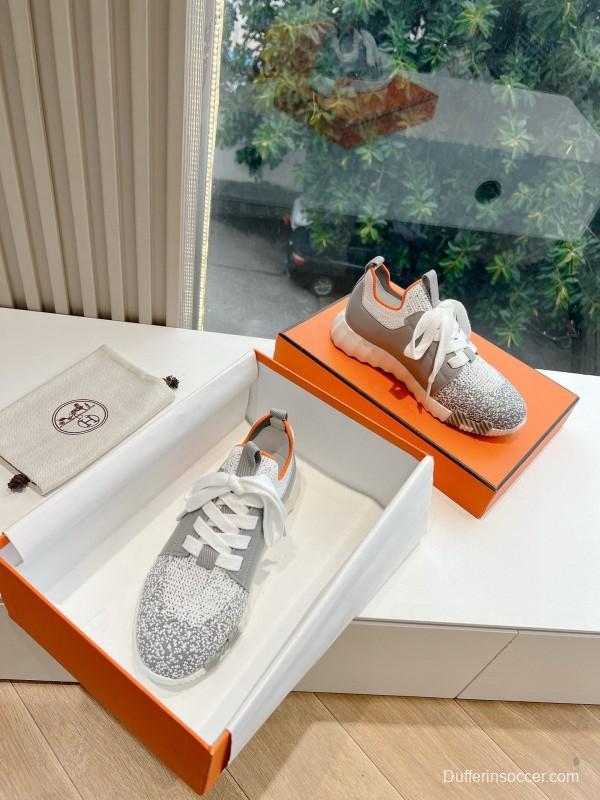 2024 Unisex Hermès Gray White Orange Calfskin Suede Sneakers MJ00290