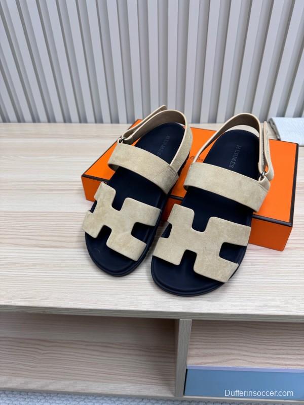 2025 Slippers Hermès Beige Black Suede Leather Sandals
