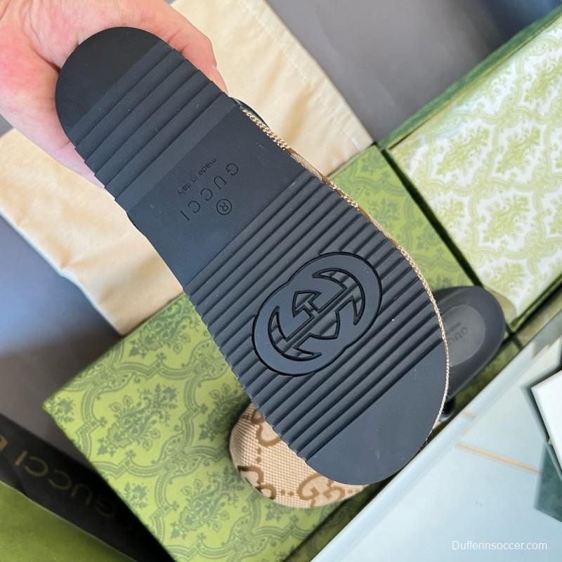 2024 Unisex Gucci Beige Brown Leather Slippers GG Pattern MJ00280