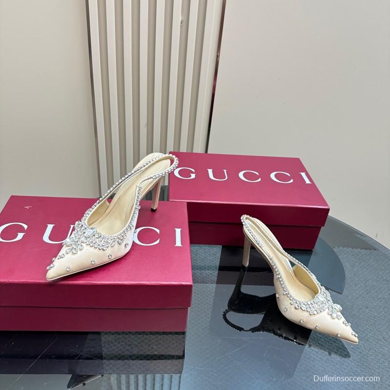 2025 Women Gucci Beige Silk Crystal Embellished Slingback Heels KFY00340