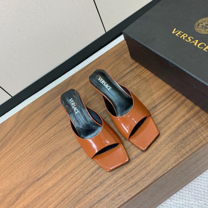 2025 Women VERSACE Brown Patent Leather Slippers