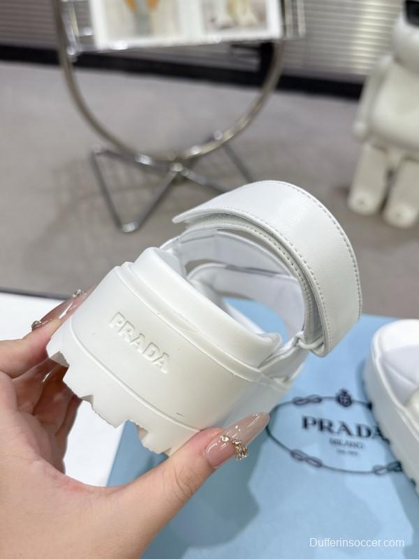 2025 Women Prada White Leather Sandals KFY00280