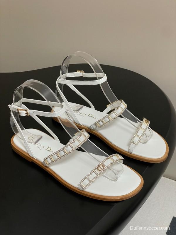 2025 Women Dior White Leather Flat Sandals Crystal Embellishment