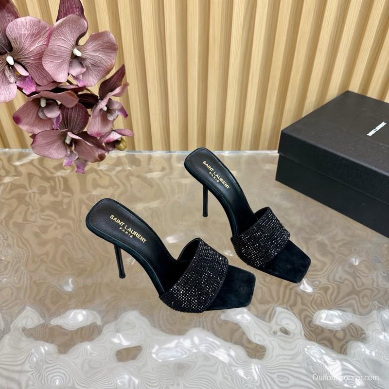 2025 Women Yves Saint Laurent Black Rhinestone Leather High Heel Sandals MJ00300