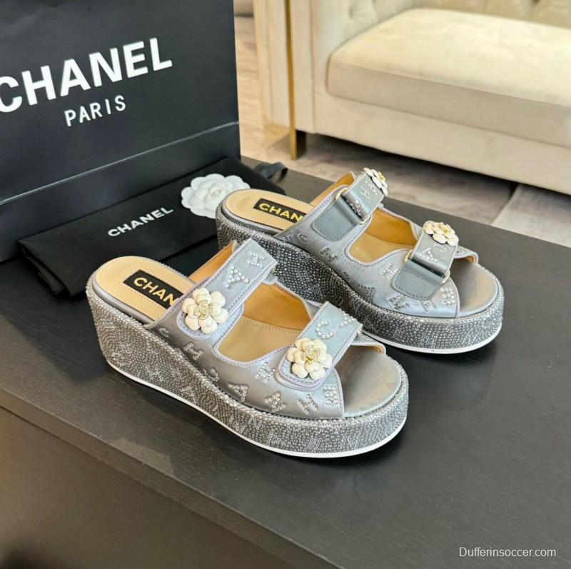 2025 Women Chanel Grey Leather Slippers Flower LY00330